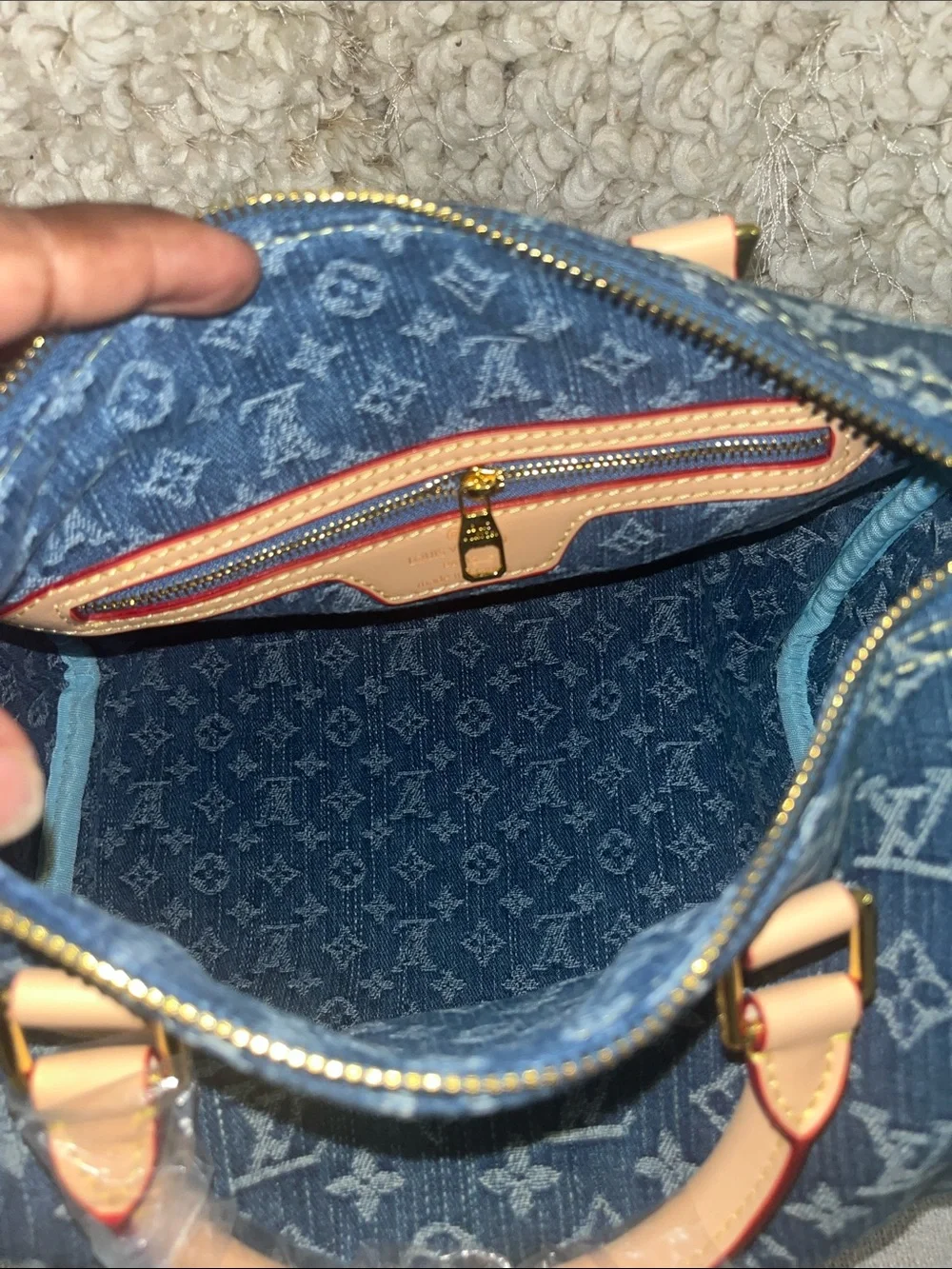Denim Monogram Alma BB in Blue with Natural Leather Trim